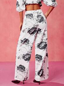 Oxana Designer Women's Black And White Silhouette Floral Print Elastic Waistband Comfortable Wide Leg Casual Pants, Valentine's Day, Festival - Multicolor - View 3