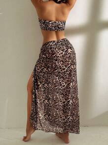 SHEIN Swim Summer 3pcs Set Fashionable Leopard Pattern Women Bikini Set With Metal Ring Decorated Bikini With Beach Mesh Printed Coverup