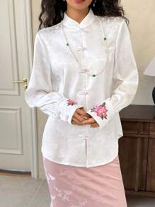 EastFlair Blusa larga de manga larga casual y elegante con bordado floral para mujer