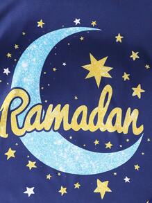 SHEIN Set de 2 prendas de pijama para adolescentes, que incluye top de manga corta con estampado minimalista de estrellas y luna, y pantalón largo, para festivales - azul real - Ver 3
