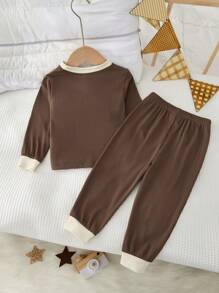 Baby Boy Simple Contrast Placket Long Sleeve Top And Pants Comfy Ribbed Knit Loungewear Set, 2pcs