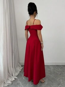 Modelyn 女士优雅编织红色收腰露肩 A 字连衣裙 - 紅色 - 查看 2