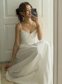 DAZY 1件优雅无袖纹理设计夏季白色长连衣裙，女式挤奶女工连衣裙，休闲女装 - 白色 - 查看 5