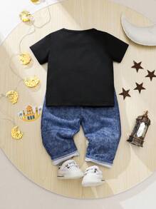 Camiseta negra con gráfico de luna para bebés niño y pantalones de efecto jean, conjunto casual para juegos al aire libre o eventos, de moda y versátil - Multicolor - Ver 11