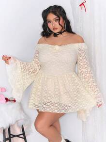 ROMWE Kawaii Plus Size Sweet Palace Style Lace Off Shoulder Flare Sleeve Dress