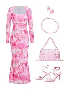 Ellevyn Women's Floral Print Mesh Long Sleeve Fitted Sheath Dress, V Neck, Stretchy, Flattering, Pink & Rose Red, Elegant For Spring/Summer Daily Wear, Party, Date' Valentine's Day