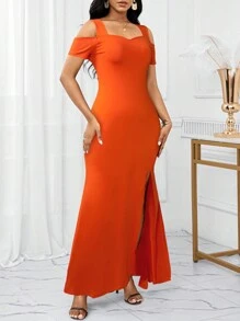 SHEIN Lady Vestidos de invitada de boda Vestidos de recepción de mujer de unicolor para vacaciones Vestido con tirantes - Naranja - Ver 4
