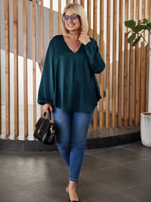 EMERY ROSE Plus Size Women's Solid Color V-Neck Lantern Sleeve Loose Blouse