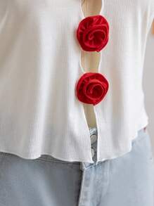 Soleia Plus Size Women's Holiday Style Red 3D Rose Decor Front Hollow Out Black Knit Tank Top - White - View 4