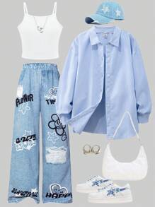 3-Piece Set: Tween Girls' Blue Striped Shirt, White Tank Top, And Loose Fit Denim Effect Print Pants Spring Summer Outfit Clothes,Holiday,Summer,Travel - Multicolor - View 1