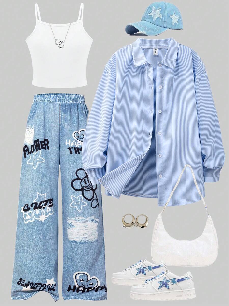 3-Piece Set: Tween Girls' Blue Striped Shirt, White Tank Top, And Loose Fit Denim Effect Print Pants Spring Summer Outfit Clothes,Holiday,Summer,Travel - Multicolor - View 1