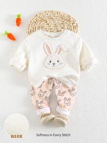 Cozy Pixies 女宝宝卡通兔子图案针织柔软圆领长袖落肩运动衫和长裤 2 件套
