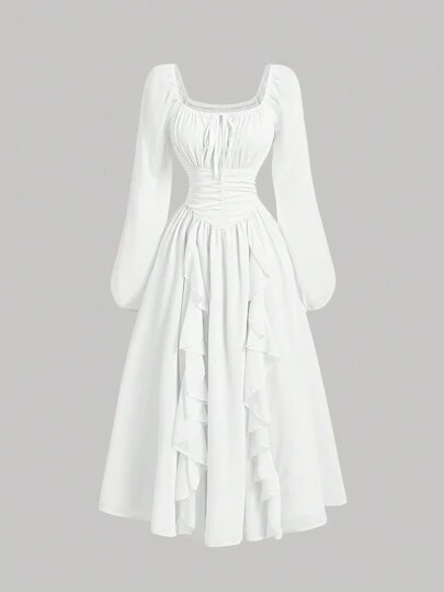 SHEIN MOD 女士纯色方领灯笼袖前褶饰腰部系带优雅连衣裙