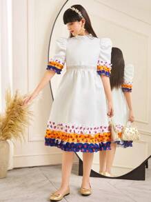 SHEIN Tween Girls' Stand Collar Short Sleeve Ruffle Midi Satin Dress - White - View 4