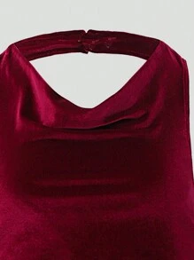 SHEIN Explorewe Teen Girl Valentine's Day Velvet Vintage Spaghetti Strap V-Neck Halterneck Spaghetti Strap Jumpsuit For Teenagers, Snug Fit, Flowy, Soft, Suitable For Casual Holiday, Elegant, Wedding, Wedding Guest - Red - View 5