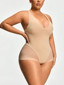 SHAPORA Plus Size Shaping Plunge Deep-V Shapewear Brief Bodysuit Body Shaper Butt Lifter -Tummy Waist Thigh Control - Apricot - View 8