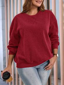 EMERY ROSE Plus Size Solid Crew Neck Thermal Lined Casual Fall Women Sweatshirts, Winter - Burgundy - View 3
