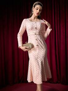 Modelyn Women's Elegant High-End Refined Sequined French Style Square Collar Fishtail Midi Dress - Multicolor - View 4