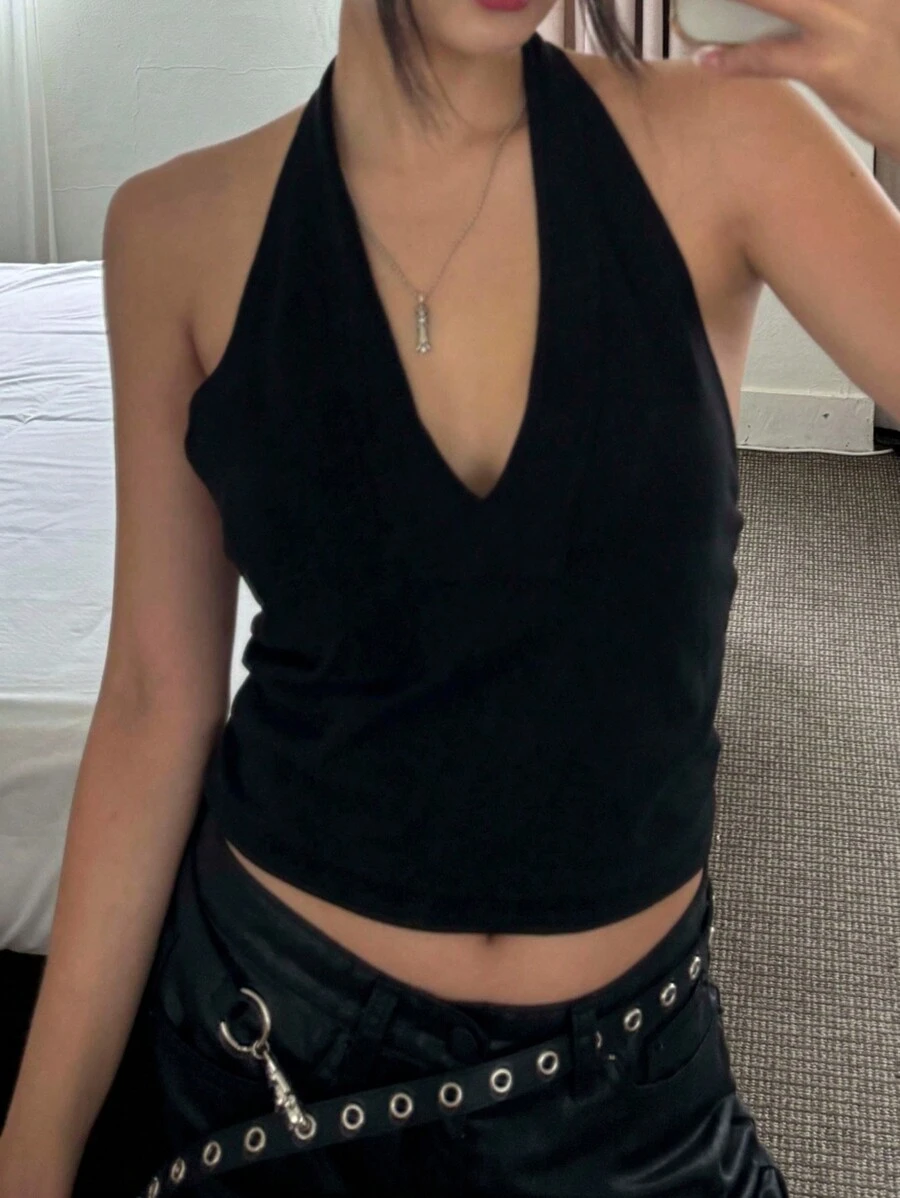 DAZY Women's Solid Color Sleeveless Backless Crop Black Tank Top, Spring/Summer,Halter Top - Black - View 1