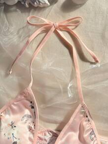 Wedding Sexy Lace Patchwork Backless Print Romper Lingerie (Wireless) Bountiful Floral Splendor - Baby Pink - View 4