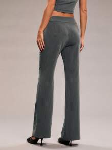 SHEIN BAE 女式条纹喇叭休闲百搭西装裤 - 灰色 - 查看 2