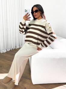 RueChic Women Stripe Pattern Button Detailed Drop Shoulder Pullover & Sweater Dress Set - Beige - View 2