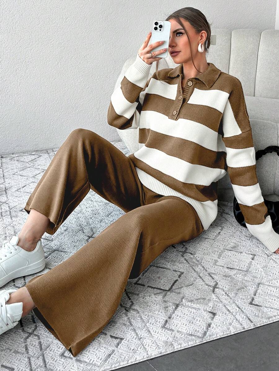 2pcs/Set Women's Front Button Long Sleeve Striped Minimalist Top And Pants Outfit - Camel - View 1
