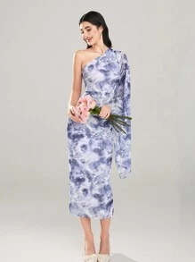 Modelyn Women's Elegant Blue And White Floral Print Diagonal Shoulder Asymmetrical Flared Long-Sleeved Slim-Fit Dress,Autumn Tropical Cocktail Wedding Guest - Multicolor - View 6