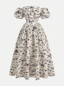 SHEIN 青少年女孩休闲夏季单肩泡泡袖黑白钩织花卉褶皱大 A 形下摆女孩露肩长裙、女孩连衣裙、女孩服装、优雅、度假、海滨、沙滩装、女孩情人节装、青少年女孩连衣裙、母女搭配、情人节