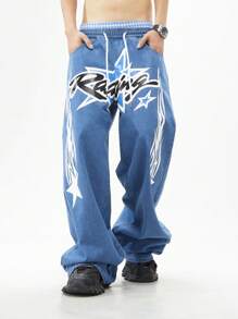 ROMWE MEN Prep Men's Lace-Up Pocket Letter Print Casual Plain Jeans