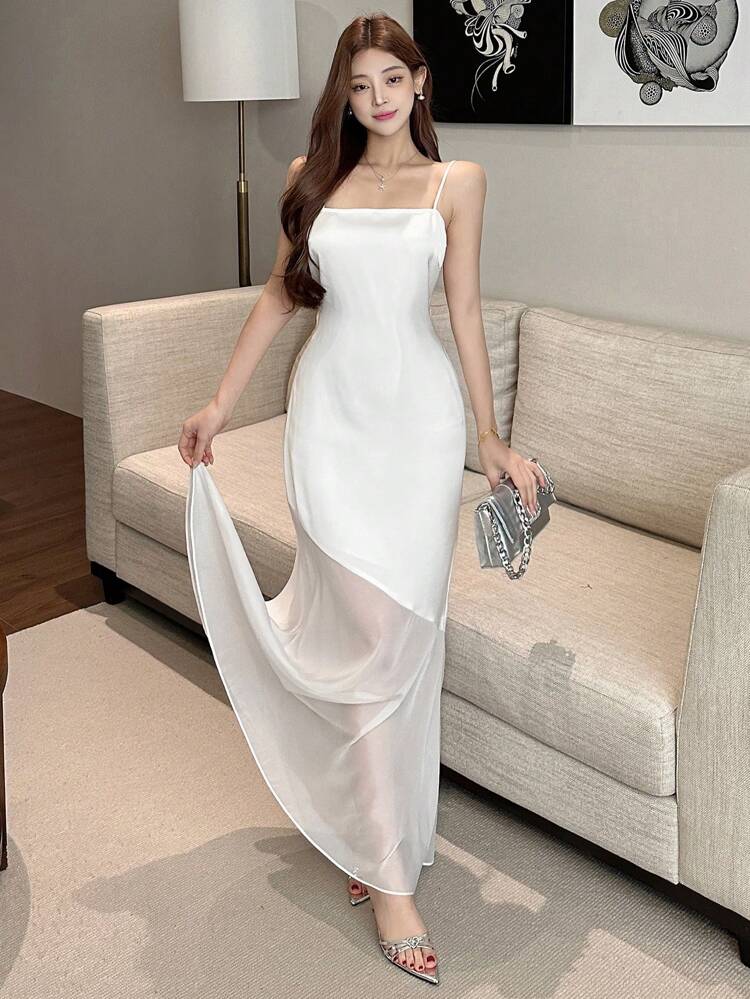 Women's White Sheer Mesh Panel Long Slip Dress, Spring/Summer FirstDateOutfits Elegant,Formal Women Dresses