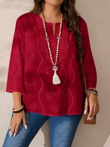 EMERY ROSE Plus Size Women's Casual White Hollow Embroidery Blouse,Fall Clothes,Spring - Burgundy - View 4