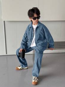 SHEIN Set de 2 piezas para niños y preadolescentes con camisa cardigan de manga larga con solapa de estilo coreano informal y pantalones rectos de pana, apropiado para la escuela, el jardín, la playa, el uso en cumpleaños, primavera, verano, otoño e invierno