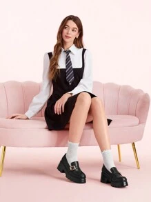 CUCCOO DOLLMOD Women's Outdoor Round Toe Wedge Thick Bottom Button Decorated Black PU Glossy Material Fashion Simple Black Slip-On Flat Shoes