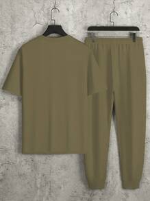 Manfinity Homme 2pcs/Set Men's Casual Letter Print Short Sleeve T-Shirt And Drawstring Pants, Summer Outfit - Army Green - View 2