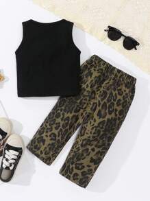 2-teiliges Set für Baby Mädchen: Lässiges vintage Leoprint Trägerhemd mit Schleifen-Dekor & einstellbare Ziehband Leopard Jeans-Hose - Verschiedenfarbig - Übersicht 2