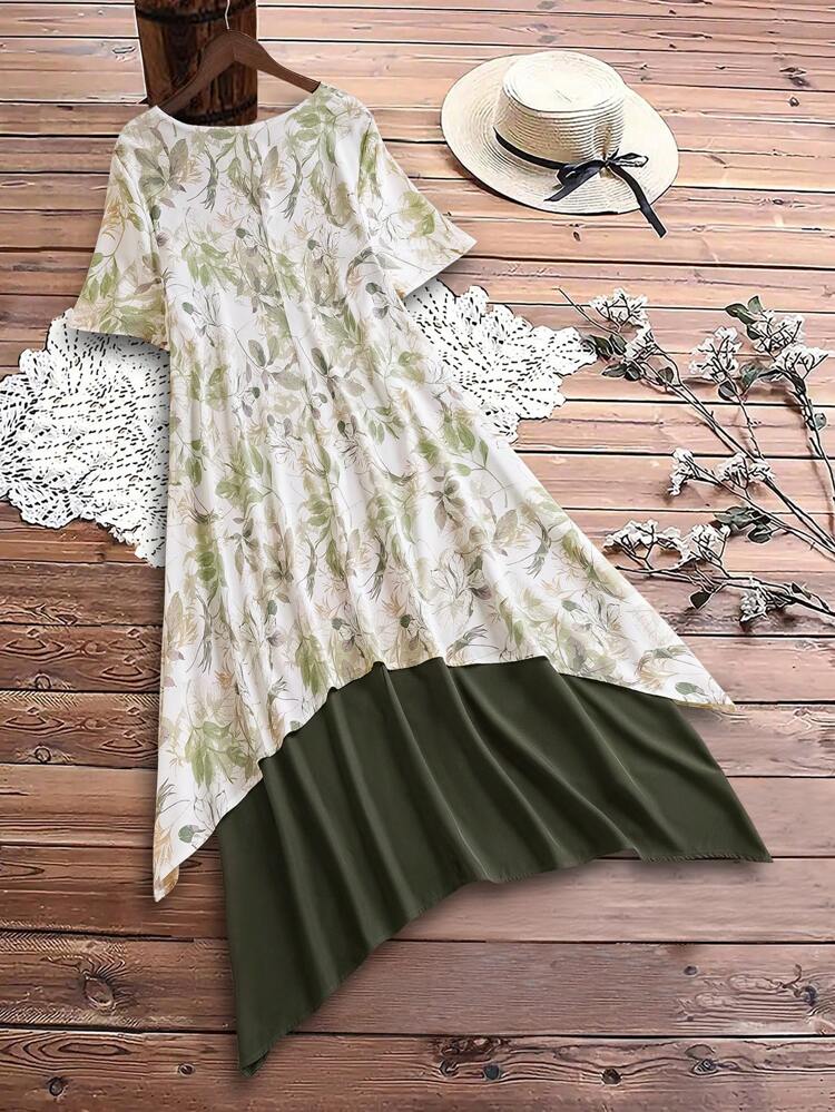 Plus Size Women Round Neck Short Sleeve Printed Double Layer Patchwork Asymmetrical Hem Boho Casual Dress,Vacation Dress,Summer Dresses For Women,St Patrick Day Outfit,Summer Outfits For Women,Vacation Outfits Woman