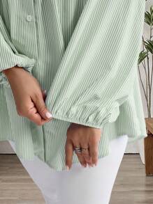 EMERY ROSE 大码冬季女式休闲条纹灯笼袖衬衫，度假风，波西米亚风，夏季女装 - 綠色 - 查看 6