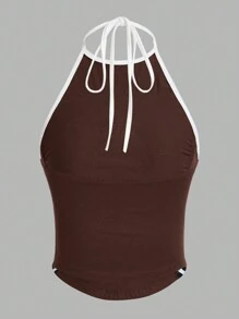 SHEIN ICON Áo ba lỗ cổ yếm màu tương phản dành cho nữ, mặc thường ngày - Cà phê nâu - Xem 2