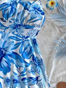 Soleia Vestido Slip Curto Estampado com Flores Azuis, Sem Costas, Verão e Primavera - Azul e Branco - Visão 6