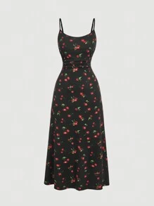 SHEIN MOD Plus Size Women Cherry Print Waist Strap Dress,Fruit Print, Cherry Print Pattern, Slim Long Dress,Beach Dress Sundress,Holiday Outfits Boho