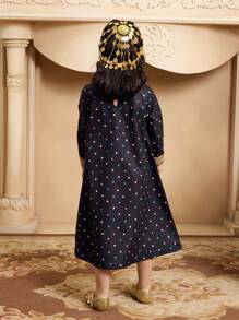 Young Girls ' Ramadan Long Sleeve Dress, Round Neck Gold Lace Colorful Polka Dot Print Long Robe - Black - View 2