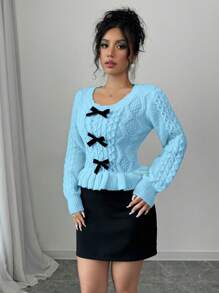 Calvaya Nueva sudadera casual con cuello redondo, manga larga y decoración de lazo para mujer