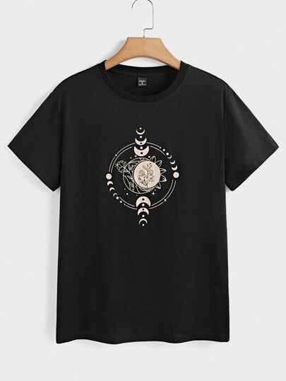 تي شيرت كاجوال بياقة مستديرة وأكمام قصيرة مطبوع لل...