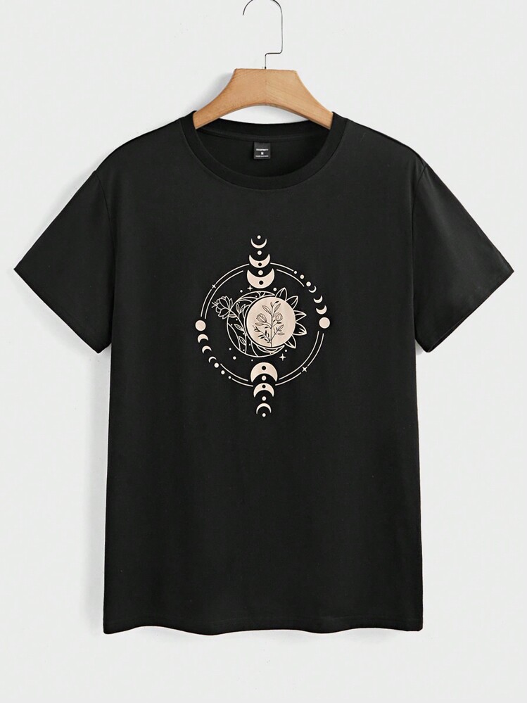 تي شيرت كاجوال بياقة مستديرة وأكمام قصيرة مطبوع لل...