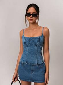 Forever 21 女士休闲优雅度假牛仔吊带背心，春季 - 中等水洗藍 - 查看 1