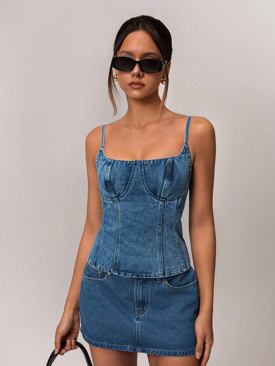 Forever 21 女士休闲优雅度假牛仔吊带背心，春季 - 中等水洗藍 - 查看 1