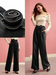 MOTF PREMIUM RHINESTONE CHAIN STEREO FLORAL WIDE LEG SUIT PANTS,VALENTINE'S DAY - Black - View 7