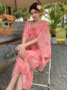 DAZY Women's Plant Allover Print Patchwork Pleated Midi Dress With Ditsy Floral Overlay Sundress Vacation Outfits Women - Pink - View 2