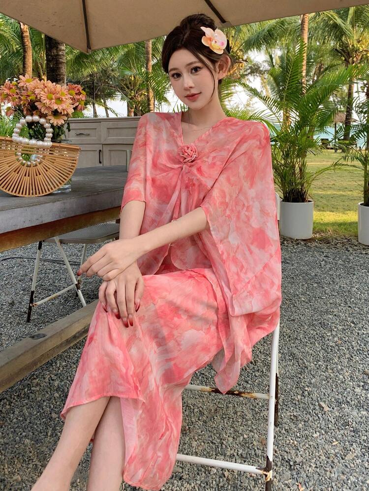 Vestido midi de mujer con estampado de plantas en todo el vestido, parches y pliegues, con superposición de estampado floral pequeño, vestido de verano para vacaciones